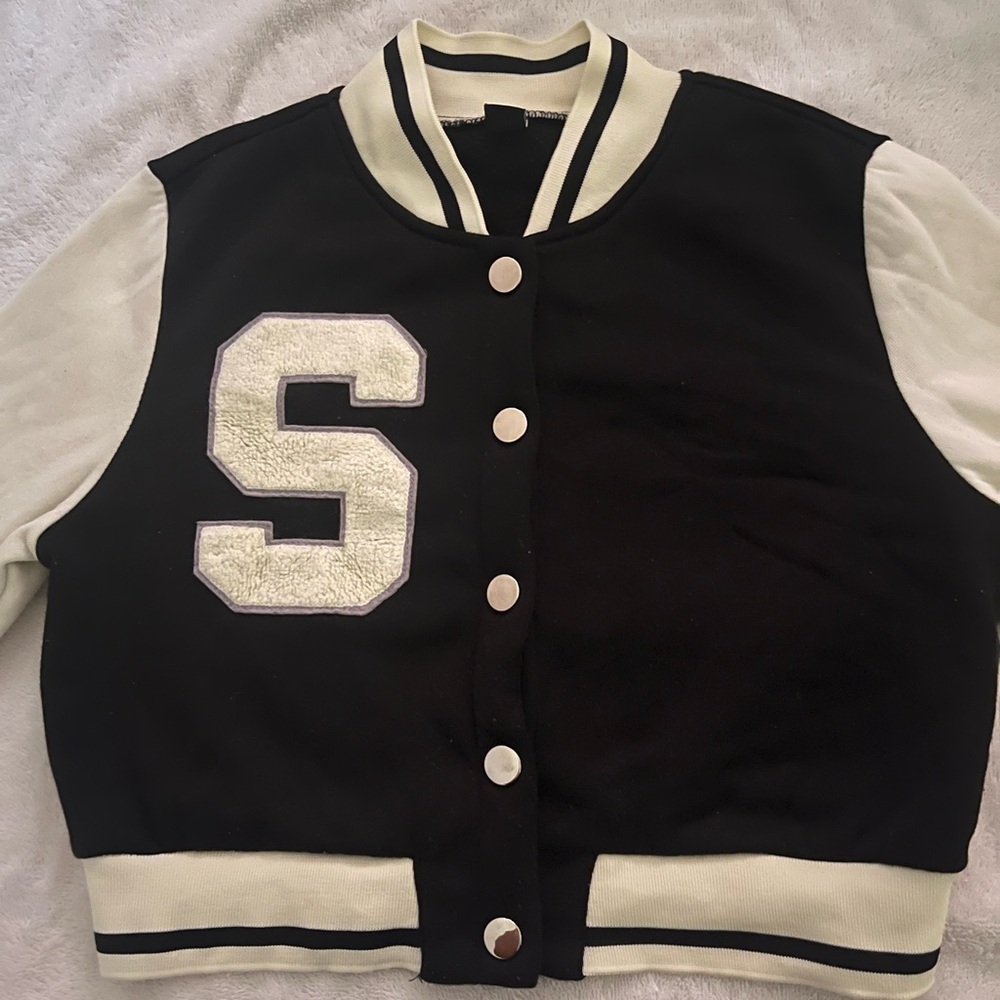 SHEIN Black and Cream Varsity Cardigan